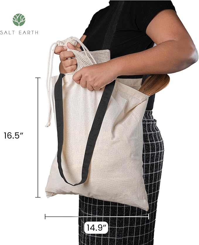 Salt Earth Pack of 5 | 6 | 12 | 24 | 48 – 100% Cotton Reusable Tote Bags – Bulk Grocery, Shopping, DIY, Beach & Gift Use