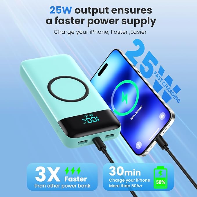 Wireless Portable Charger 40800mAh with 3 Built-in Cables,7-in-1 15W Wireless Charging Power Bank,25W PD QC 4.0 Fast Charging USB C LCD Display Battery Pack for iPhone 16/15/13,Samsung,Android-Green