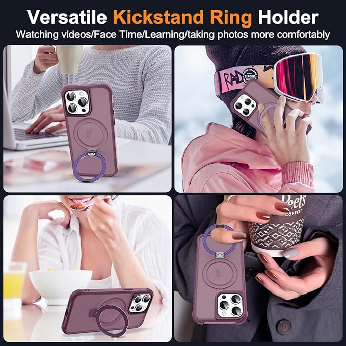 Compatible with iPhone 14 Pro Case with Invisible Magnetic O-Ring Stand Military-Grade Translucent Case for iPhone 14 Pro 6.1" [Compatible with Mag-Safe][Great Grip Feeling], Wine Red