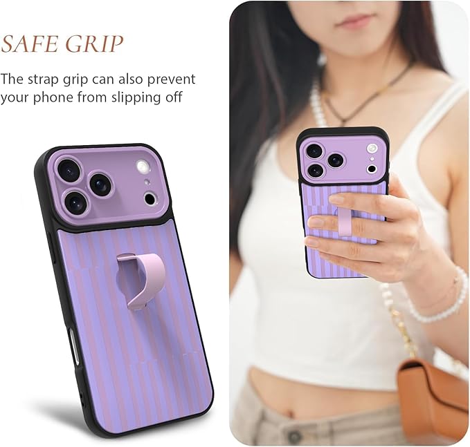 Compatible with iPhone 17 Pro Max Case with Finger Hand Strap Kickstand, Trendy Cool Striped Phone Case for Women Men, Full Camera Protection Shockproof Protective Cover, Purple Stripes