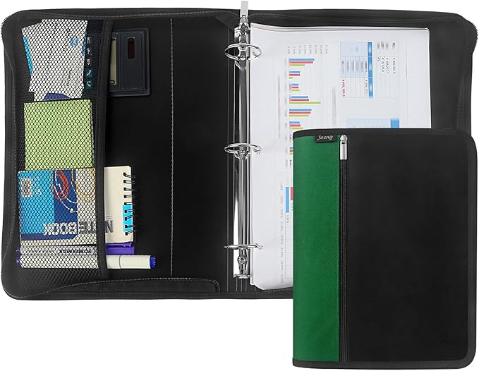 Zipper Binder 1.5 Inch Round 3-Ring Binder, Zippered Grip Pockets Storage Bag Business Office Supplies for Men Women Green