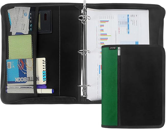 Zipper Binder 1.5 Inch Round 3-Ring Binder, Zippered Grip Pockets Storage Bag Business Office Supplies for Men Women Green