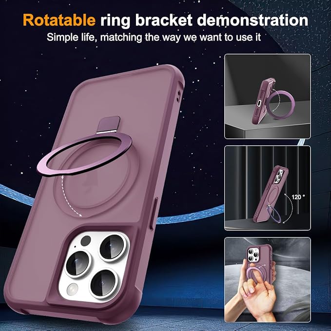 Compatible with iPhone 15 Pro Case with Invisible Magnetic O-Ring Stand Military-Grade Translucent Case for iPhone 15 Pro 6.1" [Compatible with Mag-Safe][Great Grip Feeling], Wine Red