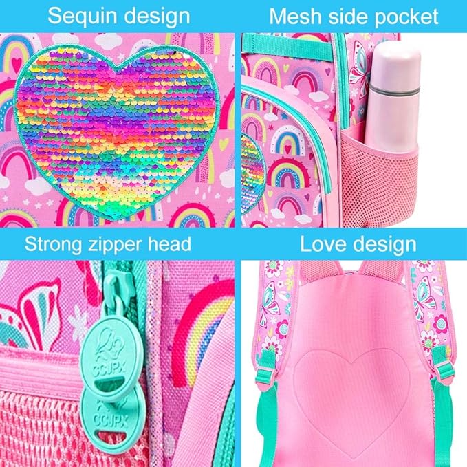 3pcs Girls Backpack, 16" Rainbow Sequin Bookbag with Lunch Box, Kids School Backpacks for Elementary Kindergarten Preschool(Pink)