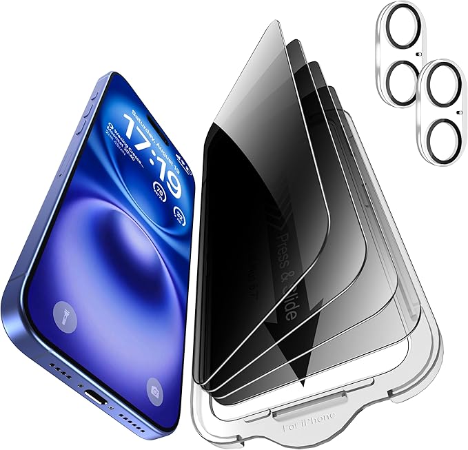 EZ-GLAZ- 4 Pack for iPhone 16 Plus Privacy Screen Protector [6.7"] With 2 Pack Camera Lens Protector, 9H+ Hardness 12FT Military Grade Shatterproof Durable Tempered Glass Film with Flawless Fit Kit