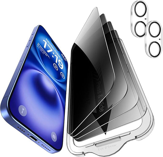 EZ-GLAZ- 4 Pack for iPhone 16 Plus Privacy Screen Protector [6.7"] With 2 Pack Camera Lens Protector, 9H+ Hardness 12FT Military Grade Shatterproof Durable Tempered Glass Film with Flawless Fit Kit