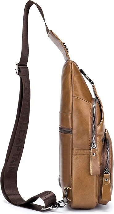 BULLCAPTAIN Leather Men Sling Bag Casual Crossbody Chest Bags Travel Daypack