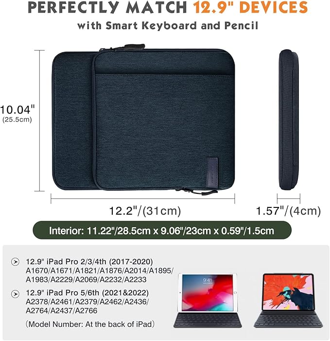 MoKo 12.9 Inch Tablet Sleeve Bag Carrying Case with Pockets Fits 13 Inch New iPad Pro M4 & Air M2 2024, iPad Pro 12.9 M2&M1, Surface Laptop Go 12.4", Galaxy Tab S8+/S9+ 12.4", Indigo