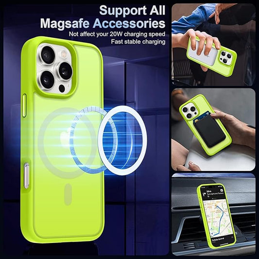 MOCCA Strong Magnetic for iPhone 16 Pro Max Phone Case, [Compatible with Magsafe][16FT Mil-Grade Drop Protection] Translucent Matte Protective Cover Case for iPhone 16 Pro Max Case, Fluorescent Green