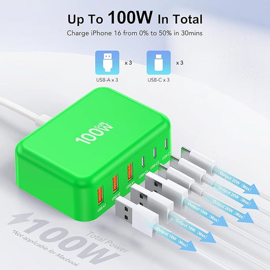 USB C Fast Charger, 100W GaN 6 Port Type C Charging Station Hub Block Cube, USB C Wall Charger Power Strip Adapter Plug for iPad iPhone 16 15 14 13 12 Pro Max Pixel Note Galaxy, 5ft Cord