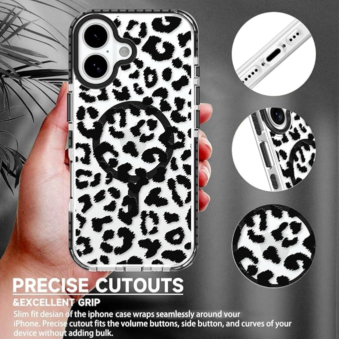 SAKUULO Magnetic for iPhone 17 Case with Screen Protector [Compatible with MagSafe] Black Leopard Print Pattern Wireless Charge Strengthen Protection Cover Black Leopard (6.1")