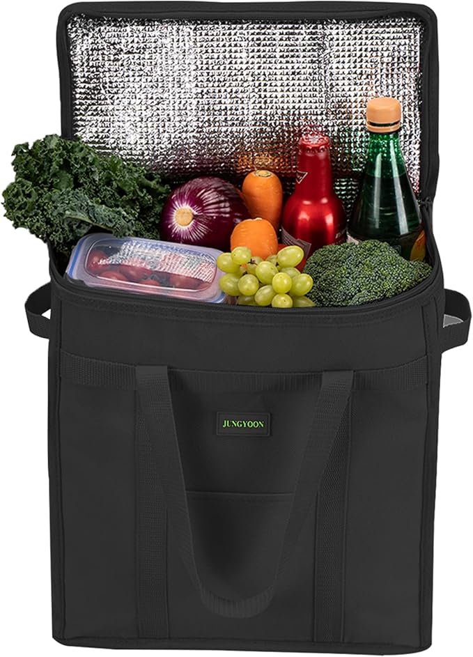 JUNGYOON 2-Pack Heavy-Duty Insulated Grocery Bags & Picnic Basket – Collapsible Cooler Bag with Zippered Top | Reusable Shopping Bags for Groceries, Picnics, Easy Storage(M Black)