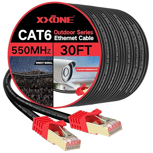 XXONE Outdoor Cat 6 Ethernet Cable 30ft, 26AWG Heavy-Duty Cat6 Networking Cord Patch Cable RJ45 LAN Wire Cable FTP Waterproof Direct Burial