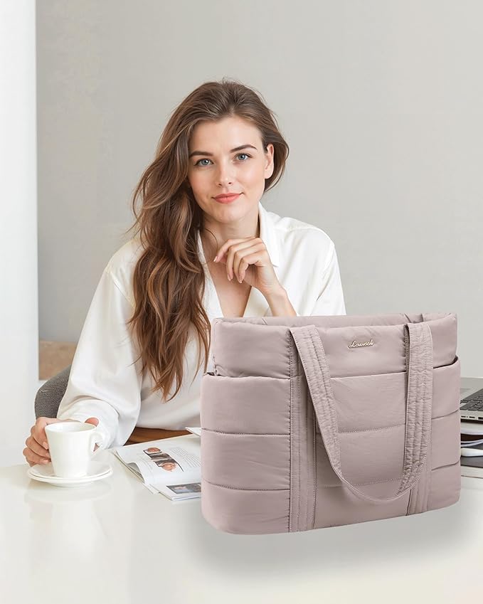LOVEVOOK Tote Bag for Women, Large Puffer Work Tote Laptop Bag, Lightweight Travel Tote Bag with Zipper Gifts for Women