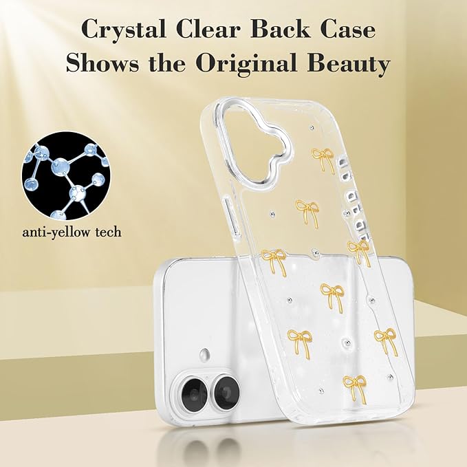 EYZUTAK Case for iPhone 16 Plus, Bling Glitter 3D Bowknot Phone Case Cute Sparkly Crystal Clear Bow Aesthetic Design Case Slim Soft Durable TPU Transparent Protective Cover for Women Girls - Gold Bow