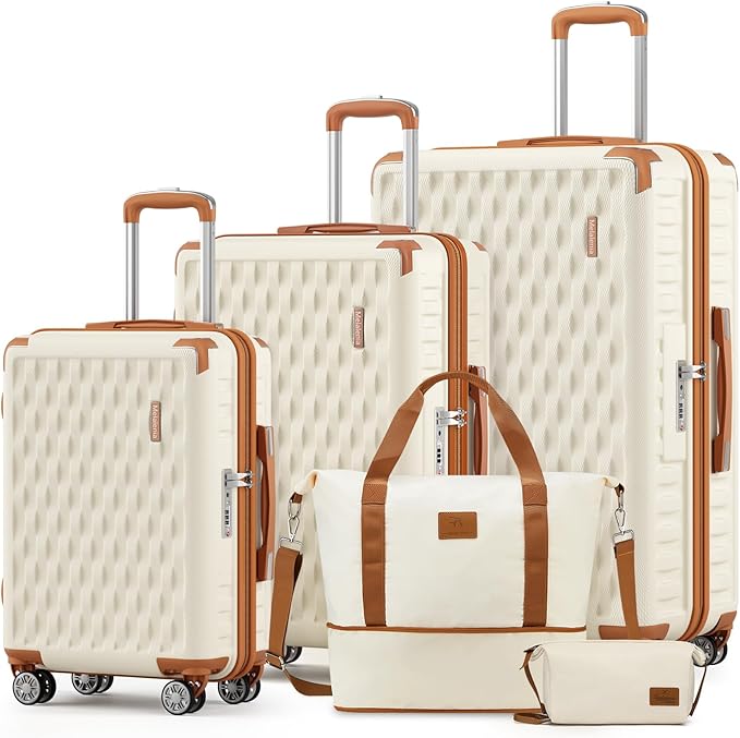 Melalenia Luggage Sets 3 Piece with Duffel Bag, Hard Shell Carry on Suitcase with Spinner Wheels and TSA Lock, Travel Lightweight Luggage Set for Women, Beige Brown