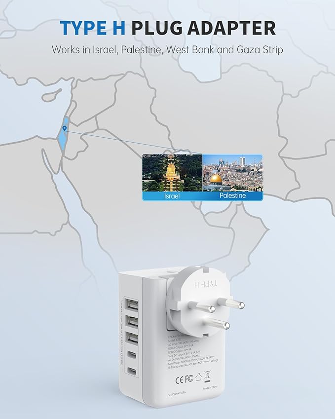 EPICKA US to Israel Travel Adapter, Universal Plug Adapter with 2 US Outlets, 3 USB-A & 2 USB-C Ports, Ultra Compact Swap&Adapt Type H Plug Attachment, Grounded Adapter for Palestine (X232H)