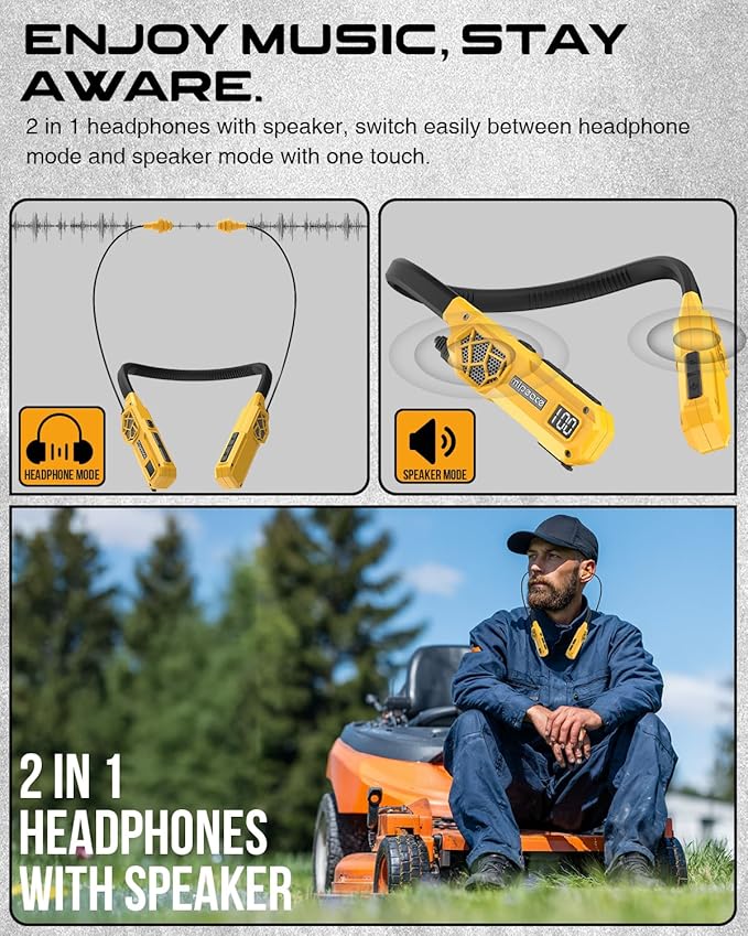 MIPEACE Neckband Bluetooth Headphones, 2-in-1 Around The Neck Work Headphones-OSHA Approved Earbuds w/Built-in Speakers,ENC,100+Hrs Playtime,4 EQ Modes for Bluetooth Hearing Protection Mowing Safety