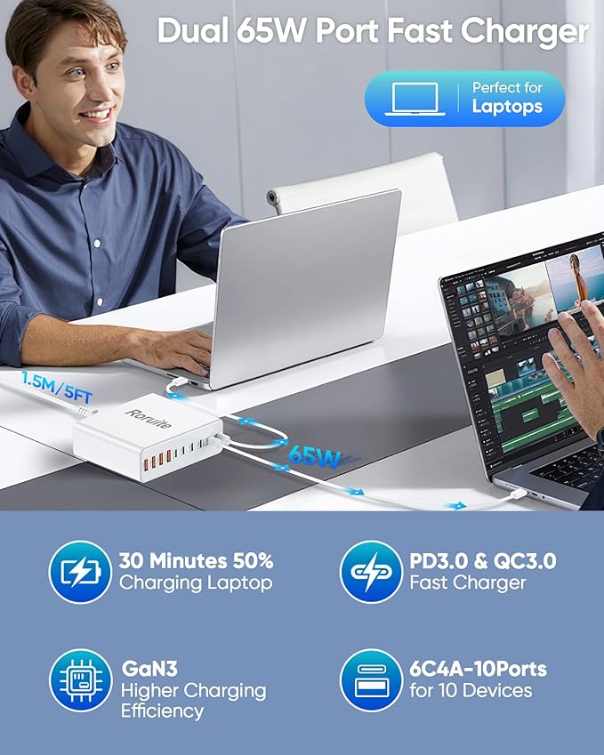 460W USB C Charger Block, 10-Port USB Charging Station GaN III PD Charger Type C & USB A, Dual 65W PC Laptop Fast Adapter for MacBook Pro/Air, iPhone, iPad, DELL, Samsung Galaxy, Android - White