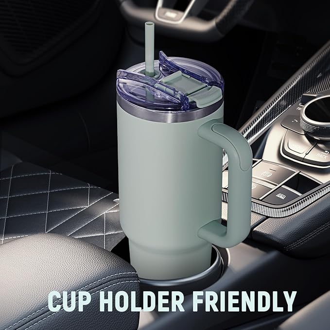 40 oz Tumbler with Handle and Straw Lid,Insulated Reusable Stainless Steel Water Bottle Travel Mug，Cupholder Friendly Double Wall Vacuum Sealed Cup (Shale)