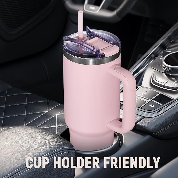 40 oz Tumbler with Handle and Straw Lid,Insulated Reusable Stainless Steel Water Bottle Travel Mug，Cupholder Friendly Double Wall Vacuum Sealed Cup (Pink)