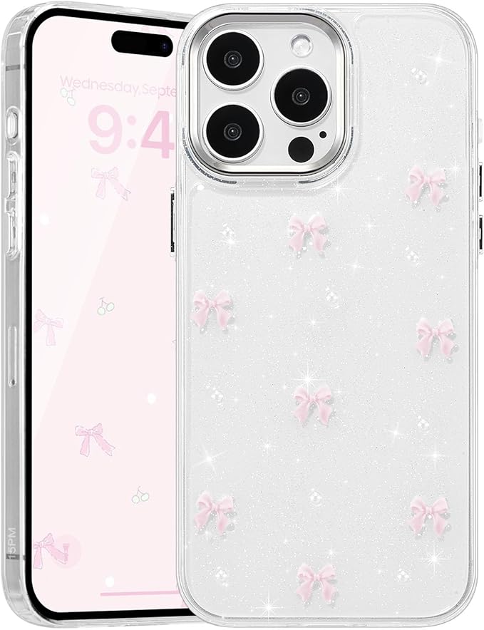 EYZUTAK Case for iPhone 15 Pro Max, Bling Glitter 3D Bowknot Phone Case Cute Sparkly Crystal Clear Bow Aesthetic Design Case Slim Soft Durable TPU Transparent Protective Cover for Women Girl-Pink Bow