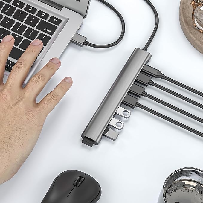 USB Hub Long Cable, 8 Ports USB 3.0 Adapter with 6 USB 3.0 Data Ports,USB-C Data,USB Splitter with USB C 5V/3A Power Port, 47IN/120CM Main Cable for Laptop PC