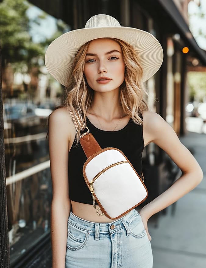 Yarnic Anti Theft Small Sling Bag for Women Men, RFID Cross body Purses Vegan Pu Leather Chest Bag with Adjustable Strap Handbag for Travel Work (White+Brown)