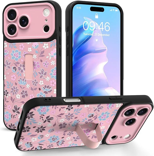 Compatible with iPhone 17 Pro Max Case with Finger Hand Strap Kickstand, Cute Flowers Floral Phone Case for Girls Women Men, Full Camera Protection Shockproof Protective Cover, Pink Flowers