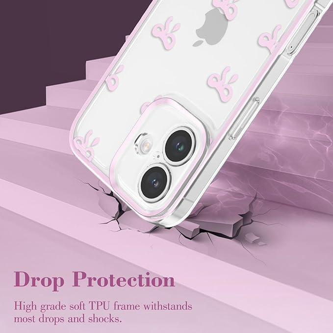 EYZUTAK Case for iPhone 16 Plus, Clear Cute Ribbon Bowknot Pattern Aesthetic Transparent Phone Case Raised Camera Protection Stylish Slim Soft Durable TPU Protective Cover for Women Girls - Pink