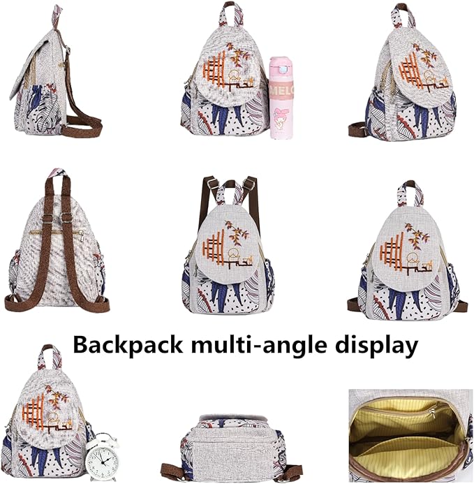 HUANGGUOSHU Women Cotton Woven Bohemian Hemp Boho Canvas Embroidery Multi Pocket Retro Cute Backpack Wallet Backpack Beans