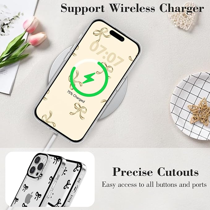 EYZUTAK Case for iPhone 16 Pro Max, Clear Cute Ribbon Bowknot Pattern Aesthetic Transparent Phone Case Raised Camera Protection Stylish Slim Soft Durable TPU Protective Cover for Women Girls - Black