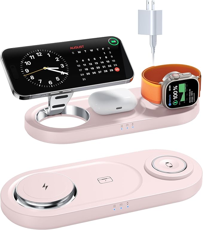 Upgraded 3 in 1 Wireless Charging Station for Apple Devices, Faster Mag-Safe Charger Stand, Magnetic Charger Station for iPhone 16/15/14/13/12 Series & AirPods Pro & Apple Watch Series （Pink）