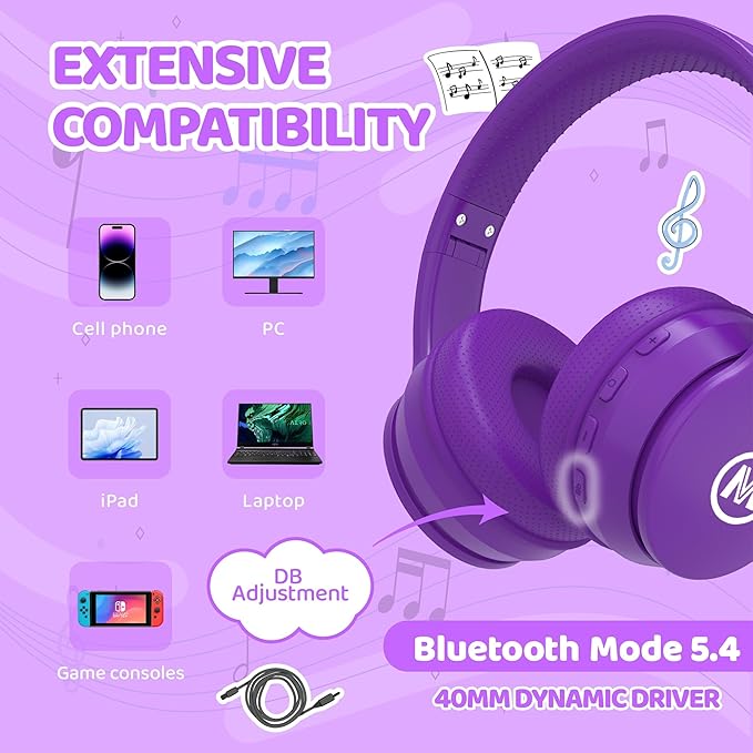 Headphones Kids Bluetooth 5.4 Wireless Play Time 68H Safe Volume Limit 85/94dB Over-Ear Foldable Headset,Fast Charging,with Aux Cord Built-in Mic for Toddler Child Pad Study Tablet Purple