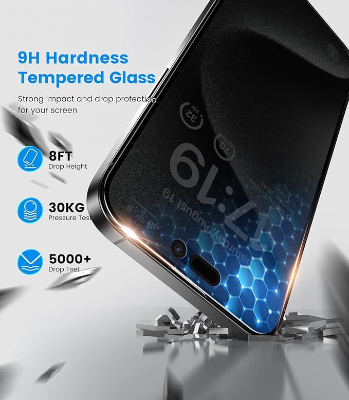 EZ-GLAZ-4 Pack iPhone 15 Pro Max Privacy Screen Protector(6.7'') With [2 Pcs Camera Lens Protector], Anti-Spy, 9H Hardness, Drop-Resistant, Case Friendly, Anti-Scratch & EZ-To-Install Tempered Glass