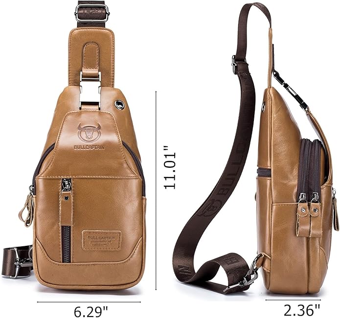 BULLCAPTAIN Genuine Leather Men Sling Backpack Multi Pocket Crossbody Chest Bags Travel Hiking Daypack