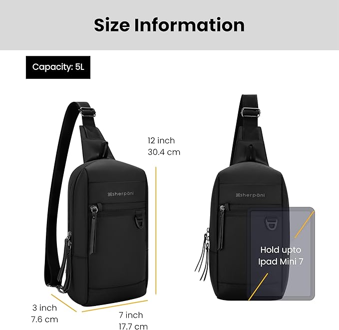 Sherpani Metro, Anti Theft Sling Bag, Sling Backpack, 5L Travel Bag, Shoulder Chest Purse, Crossbody Backpack for Women, Metal Hardware, Travel Gift (Carbon Pro)