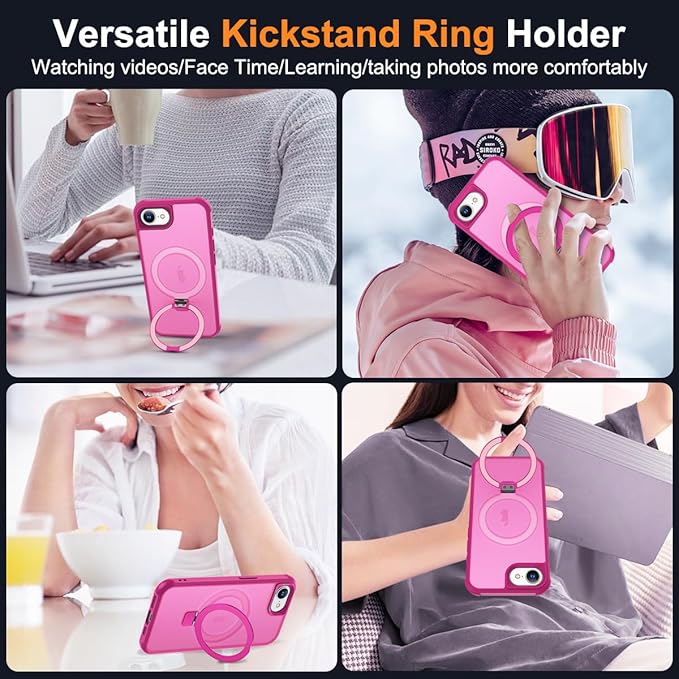 Compatible with iPhone 16E Case with Invisible Magnetic O-Ring Stand Military-Grade Translucent Case for iPhone 16E 6.1" 2025 [Compatible with Mag-Safe][Great Grip Feeling], Rose
