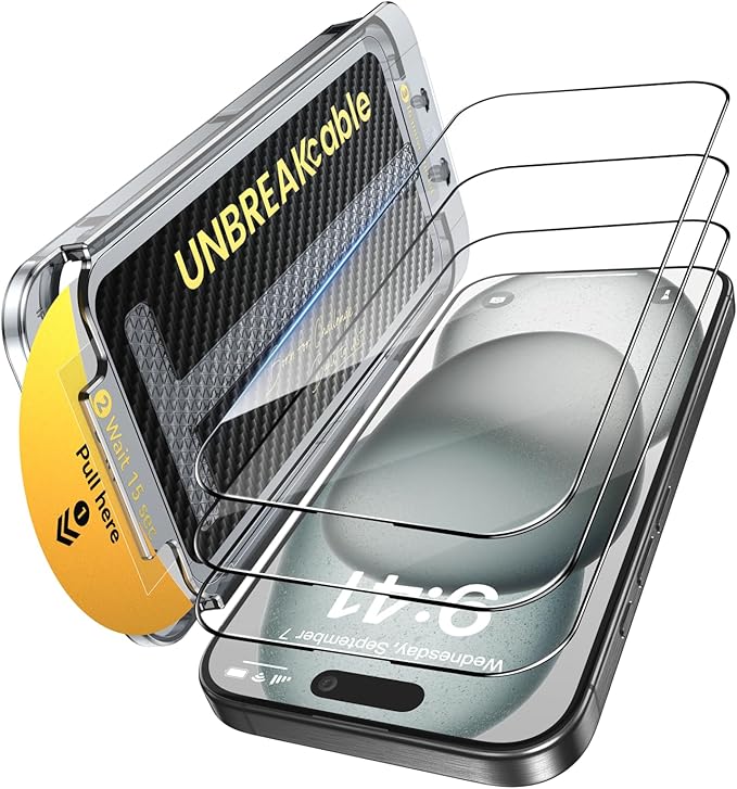 UNBREAKcable 3-Pack Screen Protector for iPhone 15 Plus Tempered Glass - [One-Pull Perfection] [Auto Dust-Elimination] [9H+ Hardness] [99.99% HD Clear] Full Coverage for iPhone 6.7 inch