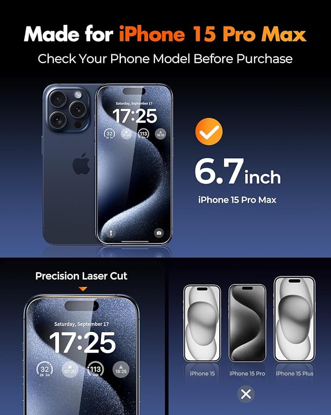 UNBREAKcable Screen Protector for iPhone 15 Pro Max, Pull-To-Protect Easy Installation, Auto Dust-Elimination, 9H+ Military-Grade Tempered Glass, Bubble-Free, Case Friendly, HD Clear, 6.7 Inch, 2 Pack