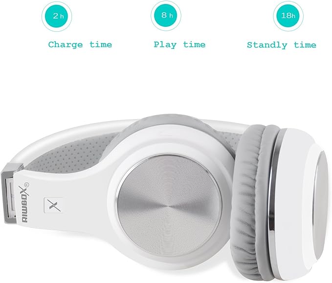 Riwbox Bluetooth Headphones, XBT-80 Folding Stereo Wireless Bluetooth Headphones Over Ear with Microphone and Volume Control, Wireless and Wired Headset for PC/Cell Phones/TV/iPad (Silver White)