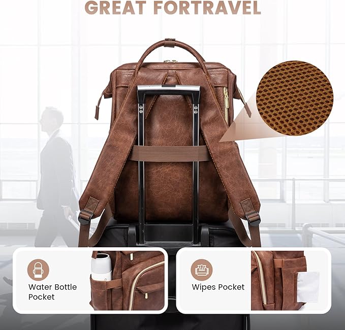 LOVEVOOK Leather Laptop Backpack for Women 18 inch,Travel Backpack Purse Nurse Teacher Computer Bag,Professional College Business Work Bags Carry On with USB Port,Red Brown