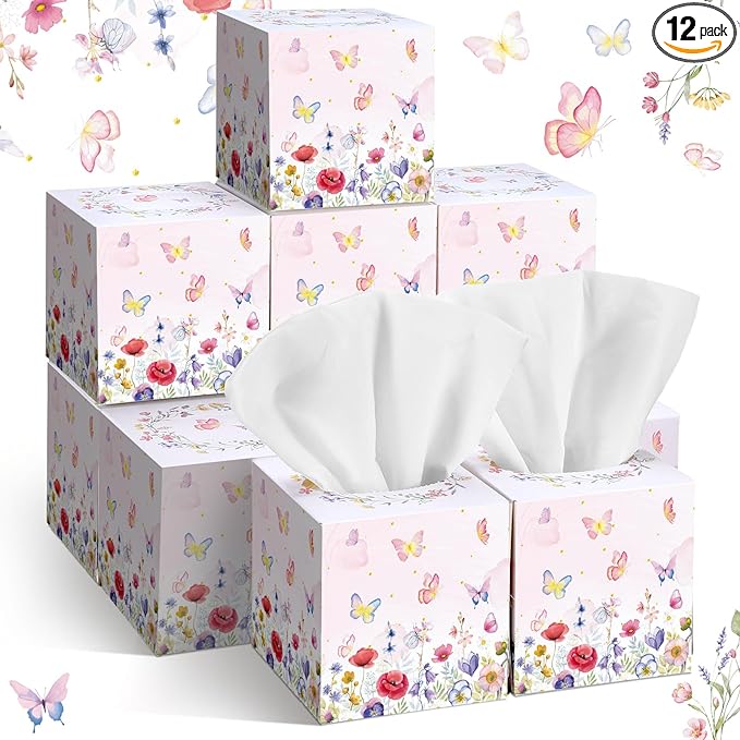 12 Pack Summer Floral Butterfly Facial Tissues Cube Boxes 600 Sheets 3 Ply Small Flower Face Tissues Bulk for Summer Car Bedroom Supplies