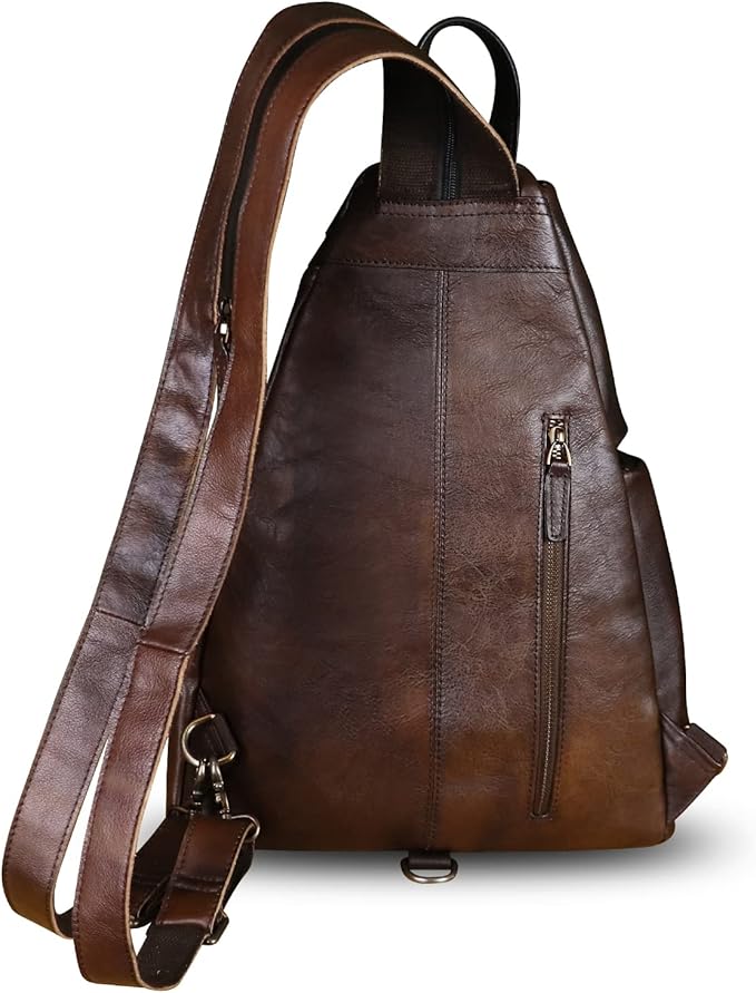Genuine Leather Large Sling Bag for Men and Women Large Sling Backpack Purse Shoulder Crossbody Chest Bag for Ipad (Coffee)