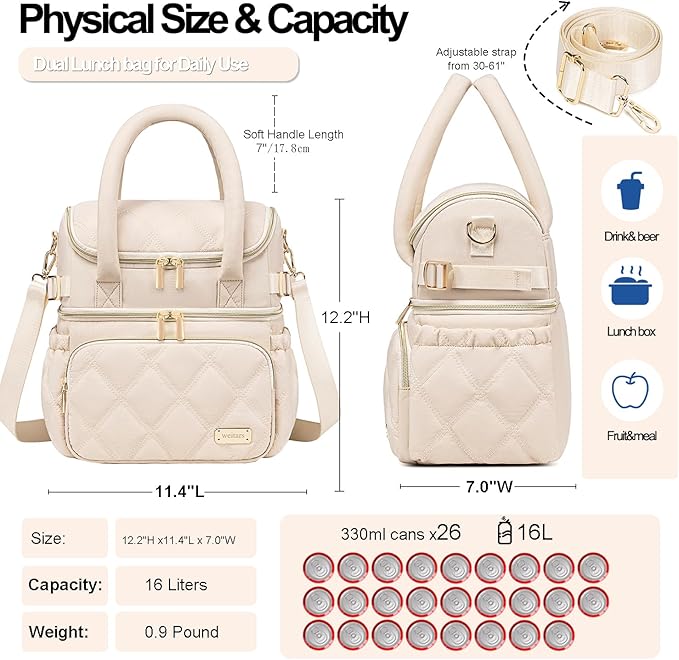 Weitars Lunch Bag for Women Men,Double Deck Lunch Box for Women,Quilted Lunch Tote for Work,Insulated Lunch Cooler Leakproof Lunchbox for Adult with Shoulder Strap &Pockets for Picnic Hiking (Beige)