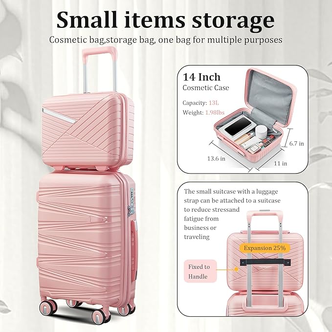 4-Piece Expandable Hardshell Luggage Set with TSA Lock (14/20/24/28) - Lightweight PP Suitcases, 360° Silent Spinner Wheels and Durable 100LB Handle for Air Travel (Pink)
