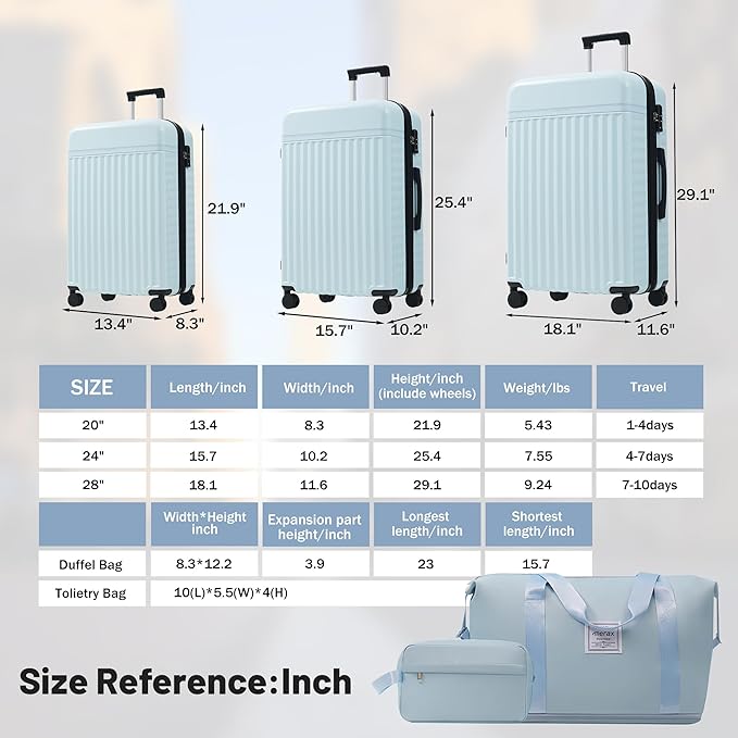 Merax Luggage Sets 3 Piece, Durable Hardshell Suitcase with Double Spinner Wheels and Handle Bags,Lightweight Carry on Luggage with TSA Lock,20+24+28,Light Blue