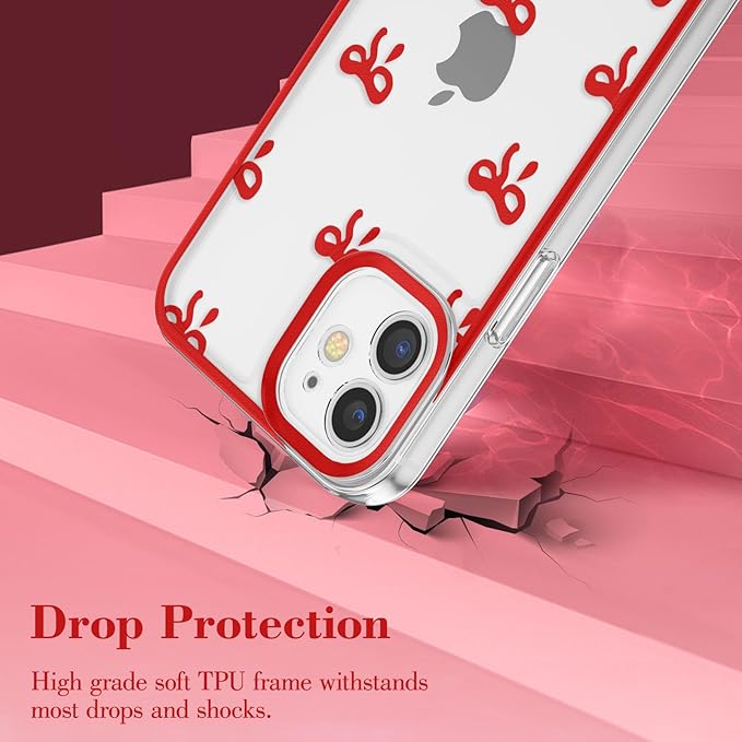 EYZUTAK Case for iPhone 11, Clear Cute Ribbon Bowknot Pattern Aesthetic Transparent Phone Case Raised Camera Protection Stylish Slim Soft Durable TPU Protective Cover for Women Girls - Red