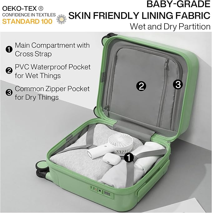 mixi 14 Inch Underseat Luggage Carry on Suitcase Free Boarding Personal Item Suitcases with Spinner Wheels Hardshell Lightweight PC for Short Travel, Avocado Green