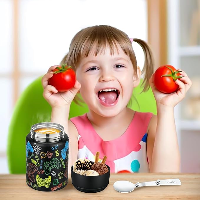17oz Soup Thermo for Hot Food Kids Insulated Food Jar,Thermo Hot Food Lunch Container, Width Mouth Stainless Steel Lunch Box for Kids with Handle Folding Spoon(Black - Game Console)